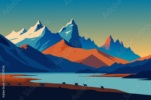 mountain landscape with lake and mountains