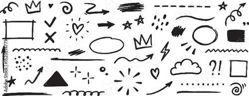 Line sketch star, text, arrow, heart decoration element icon set. Hand drawn sketch doodle cute star, emphasis, flower element. Pen line, brush, love text decoration shape icon. Hand drawn vector