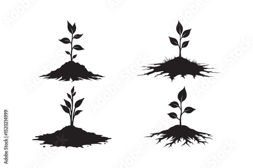 Plant Silhouette Icons with Soil and Roots Nature Growth Vector Set