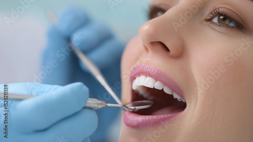 close-up of a female patient irish 28 years old sitting in a modern dental chair getting a check-up