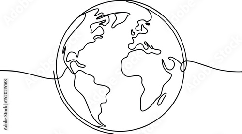 One line globe, earth planet outline, Continuous one line art drawing of earth planet, Globe, geography vector outline, Single line illustration of world map 