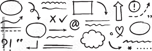 Line sketch star, text, arrow, heart decoration element icon set. Hand drawn sketch doodle cute star, emphasis, flower element. Pen line, brush, love text decoration shape icon. Hand drawn vector