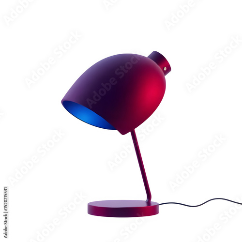 Photorealistic modern minimalistic desk lamp isolated on transparent background, rich burgundy and deep blue hues, sharp focus, sleek design, bright studio lighting, elegant

