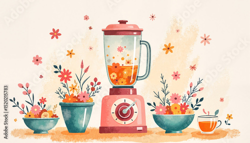 Blender with colorful flowers in bowls on soft pastel background  