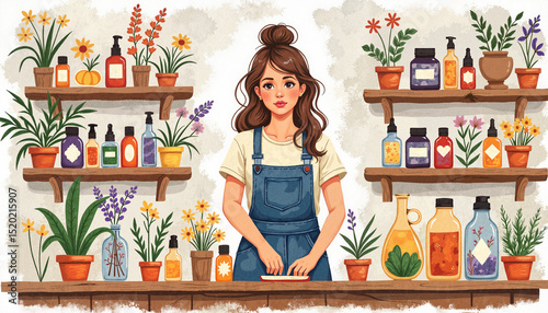 Young woman preparing natural products at a vibrant herbal shop  