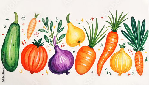 Colorful watercolor vegetables arranged in a vibrant pattern