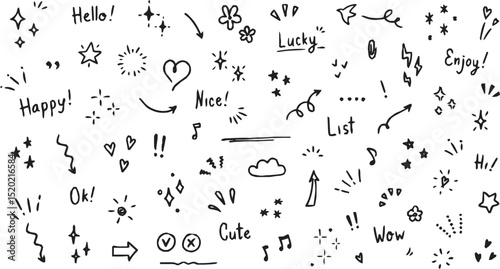 Line sketch star, text, arrow, heart decoration element icon set. Hand drawn sketch doodle cute star, emphasis, flower element. Pen line, brush, love text decoration shape icon. Hand drawn vector
