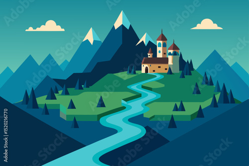 vector illustration of a village in mountains