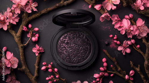 Luxury lilac makeup compact with floral pattern surrounded by cherry blossoms on dark background for beauty design