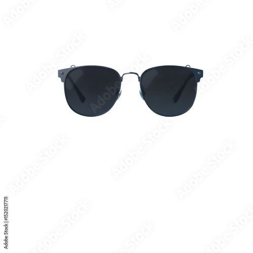 Photorealistic modern sunglasses with black lenses and metallic frame isolated on transparent background, thick foggy atmosphere, low visibility, sharp focus, soft shadows, sleek design

