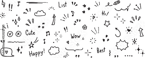 Line sketch star, text, arrow, heart decoration element icon set. Hand drawn sketch doodle cute star, emphasis, flower element. Pen line, brush, love text decoration shape icon. Hand drawn vector