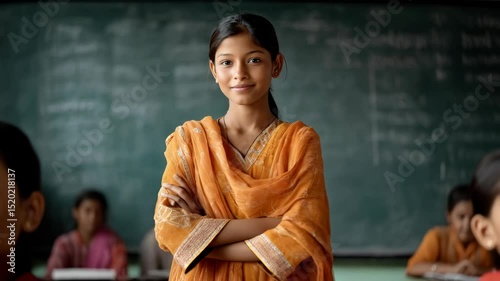 Confident Indian schoolgirl standing in a classroom wearing traditional clothing with her arms crossed looking at the camera
