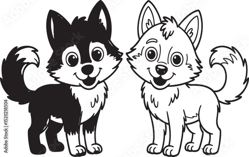 Happy Husky Puppies Line Art