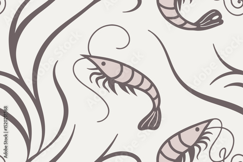 Seamless pattern with stylized shrimp and seaweed in soft neutral tones, marine life themed illustration
