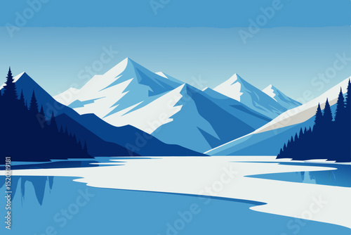 winter landscape with mountains and lake