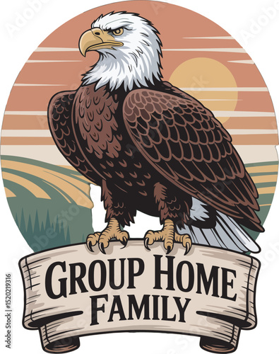 Vector illustration of bald eagle with group home family banner in sunset landscape