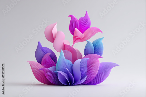 Abstract floral arrangement with pink purple and blue petals on a white background surface view