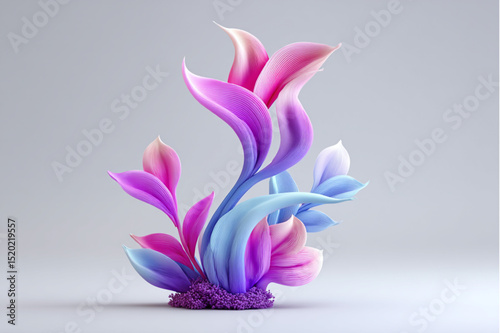 Abstract floral arrangement with pink purple and blue petals against a light grey background