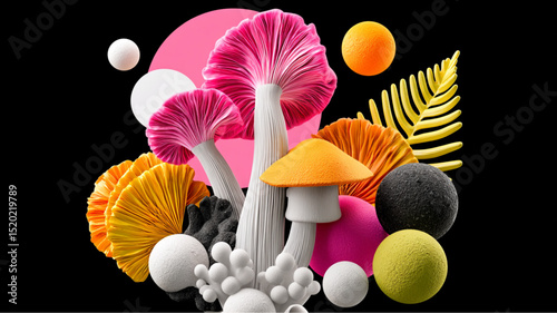 A colorful arrangement of mushrooms, spheres, and leaves against a black background design element