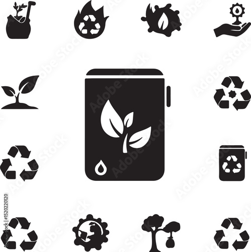 A collection of environmental icons illustrating nature conservation and recycling efforts in black and white
