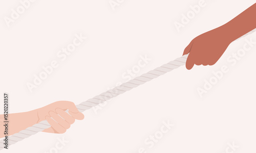 Two hands of different skin tones pulling a rope in opposite diagonal directions. Flat vector illustration