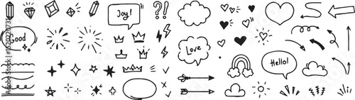 Line sketch star, text, arrow, heart decoration element icon set. Hand drawn sketch doodle cute star, emphasis, flower element. Pen line, brush, love text decoration shape icon. Hand drawn vector