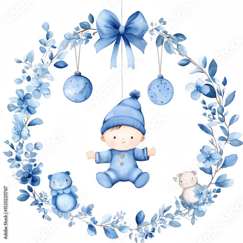 Baby Boy Themed Ornament Set in Blue Watercolor on High Fidelity Background