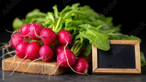 Fresh red radishes on wooden board with blank chalkboard sign