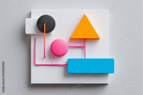 Abstract arrangement of geometric shapes on a white surface with colorful connecting lines design