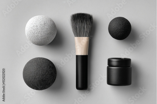 A minimalist arrangement of a makeup brush, spheres, and a jar on a neutral background surface
