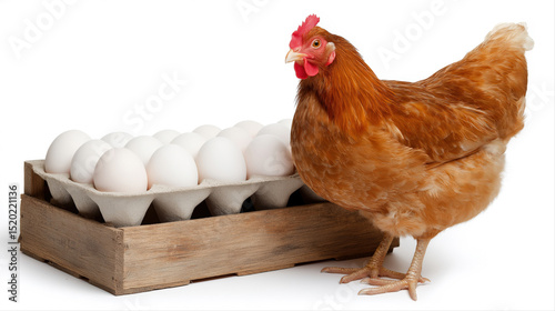Brown hen standing beside egg carton filled with white eggs on white background