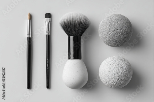 A flat lay of makeup brushes and textured spheres on a light gray surface in a studio setting