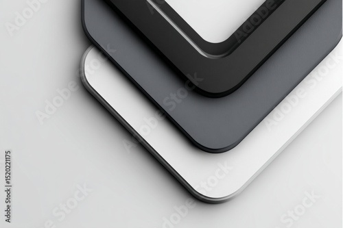 A close up of stacked square frames in black gray and white on a white surface in the upper right corner