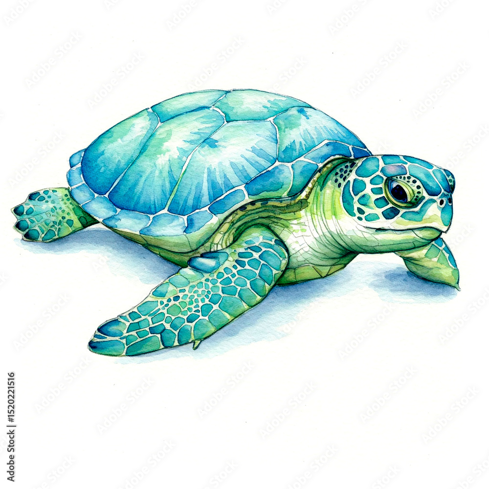 Fototapeta premium Vibrant Watercolor Sea Turtle Illustration: Blue-Green Baby Turtle Art for Ocean Decor, Marine Wildlife Painting