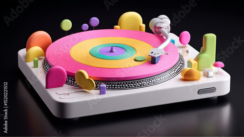 A stylized turntable with colorful vinyl and abstract shapes on a dark background in studio lighting