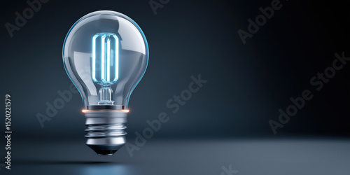 A light bulb is lit up and is floating in the air. The light bulb is glowing blue and is surrounded by a dark background