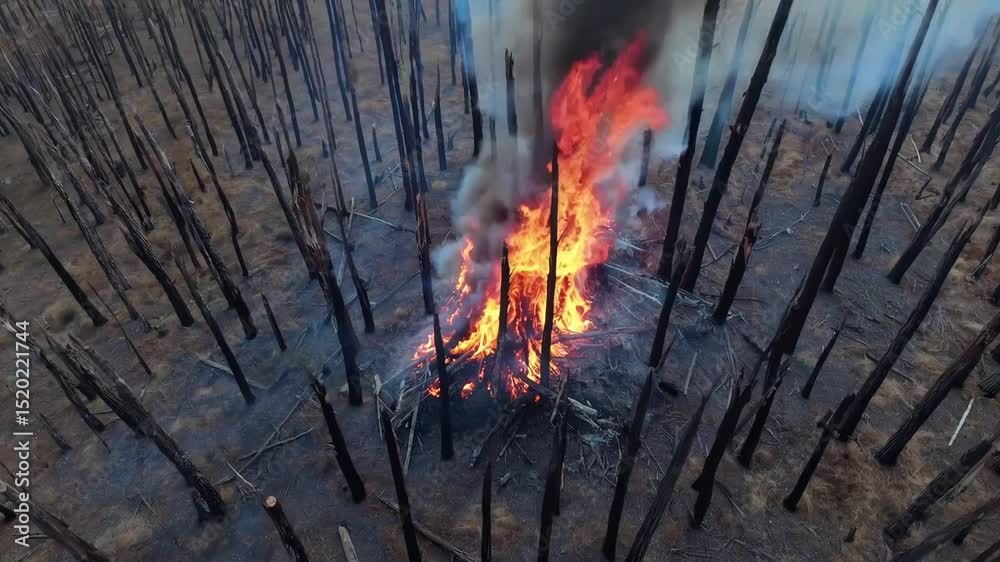 Wildfire spreads rapidly through burned forest landscape, causing significant destruction and smoke