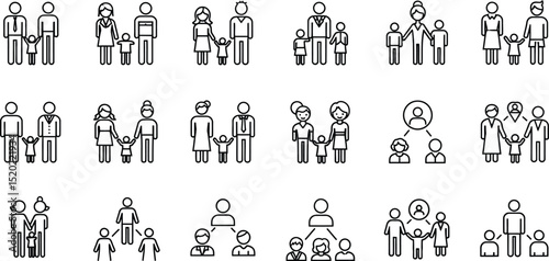 a collection of line art icons depicting diverse family and social relationships, black and white