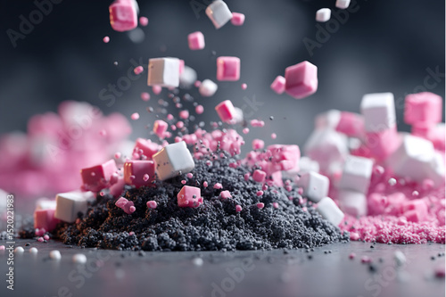 Pink and white cubes falling onto a pile of gray granules in a dynamic and abstract composition