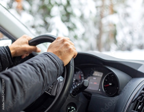 Hands on steering wheel in a snowy landscape