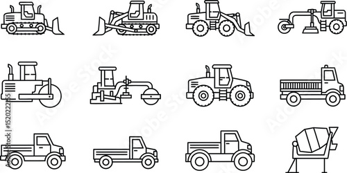 Construction vehicle line icon set. Vector pictograms of bulldozer, loader, grader, paver, roller, lowboy hauler, utility, concrete mixer, thin linear illustration.
