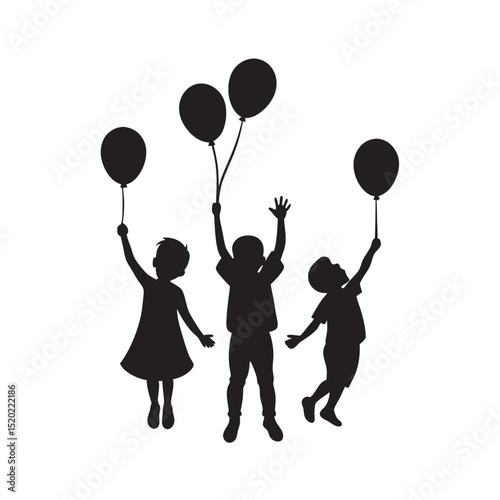 kids holding balloons silhouette vector.eps