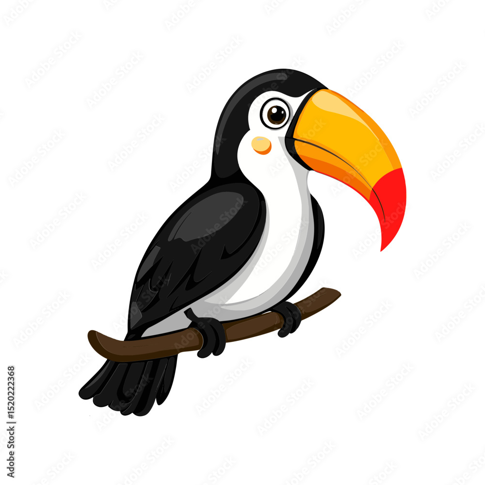Obraz premium Exotic Toucan Perched: A vibrant toucan perches gracefully on a branch, showcasing its striking colorful plumage and characteristic oversized bill in a minimalist illustration.