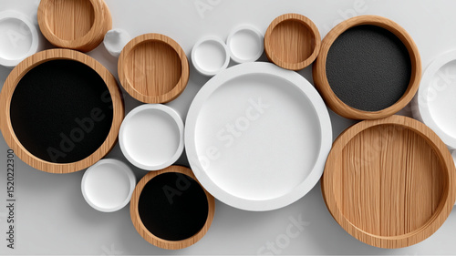 Overhead shot of various sized circular trays in white wood and black arranged on a gray surface