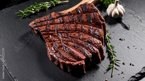 Grilled steak with herbs and garlic on a black slate plate prepared in a cozy kitchen setting
