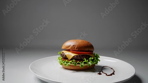 Gourmet burger with cheese, lettuce, and tomato presented on a simple white plate