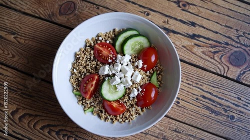 Healthy quinoa salad with fresh vegetables and feta cheese served in a bowl on a wooden table