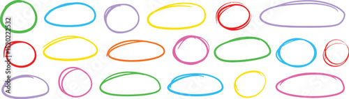 A collection of hand-drawn, irregularly shaped circles and ovals in various bright colors including green, blue, purple, yellow, red, orange, and pink, arranged in multiple rows on a white background.