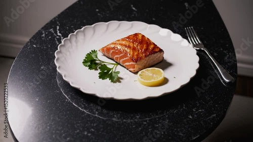 Deliciously grilled salmon served with fresh lemon and parsley on elegant table setting