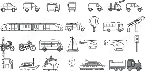 car, bus, train, subway, fire truck, van, high-speed rail, monorail, double-decker bus, bicycle, motorcycle, scooter, taxi, airplane, hot air balloon, helicopter, sailboat, ship, cruise ship, cargo sh